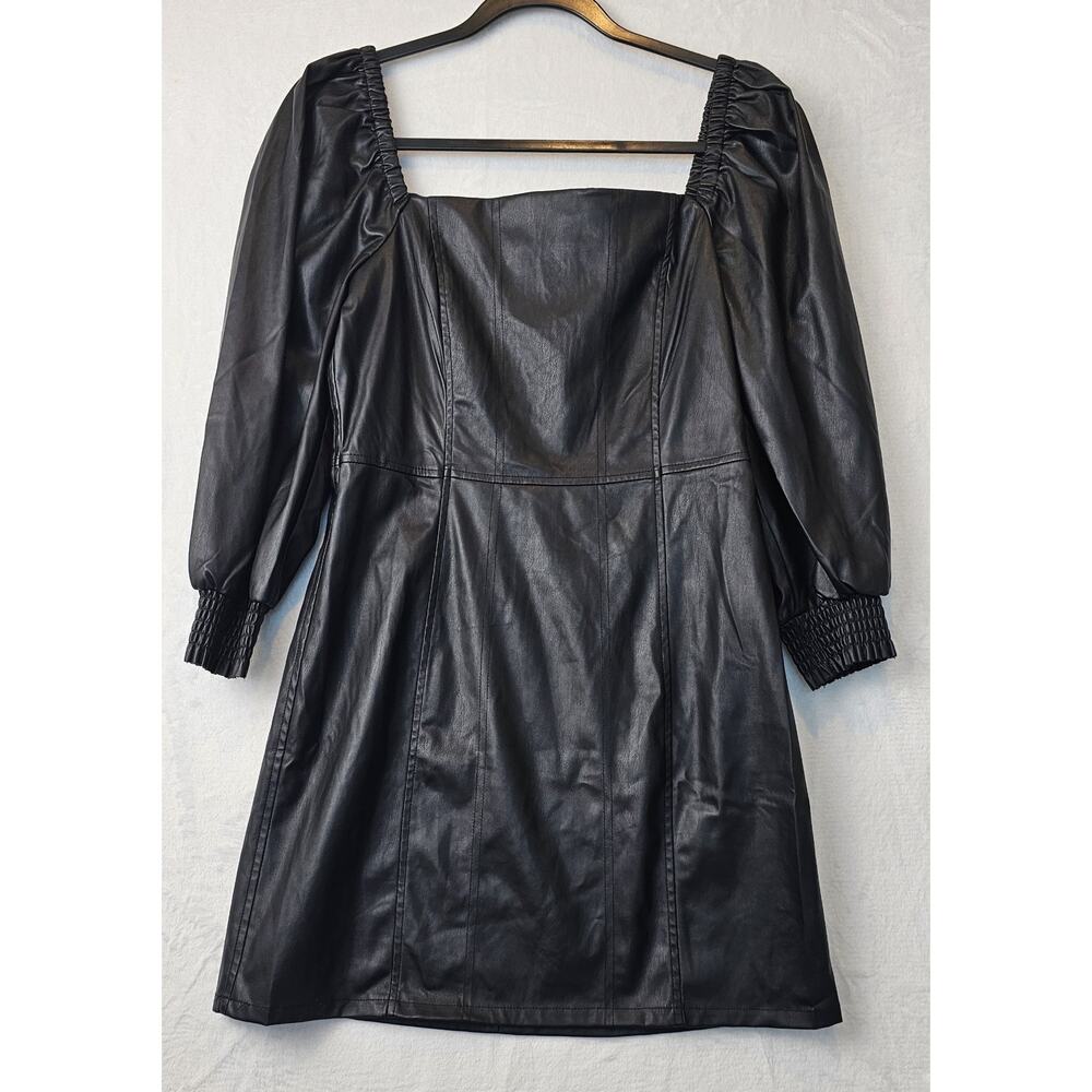 7 For All Mankind Black Square Neck Faux Leather Smocked Mini Dress Medium